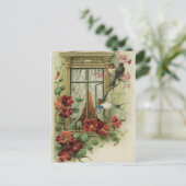 Vintage Vögel durch das Fenster Postkarte (Stehend Vorderseite)