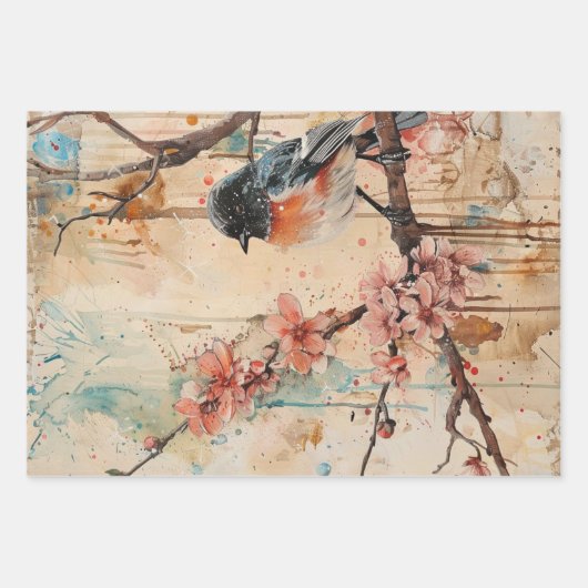 Vintage Vögel Ephemera Schwergewichtssenkung Geschenkpapier Set (Vorderseite)