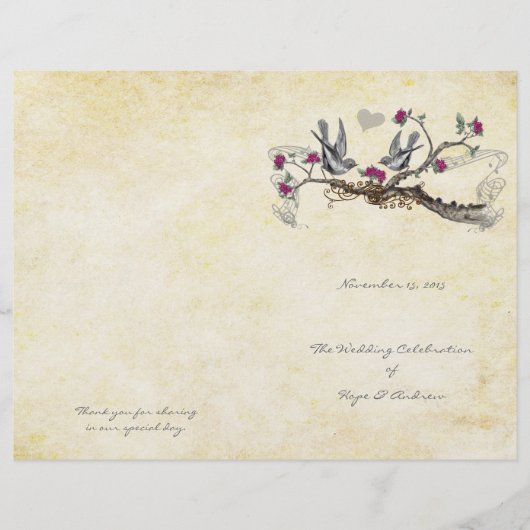 Vintage-Vögel Fuchsia- und Graue Hochzeitsprogramm (Vorderseite)