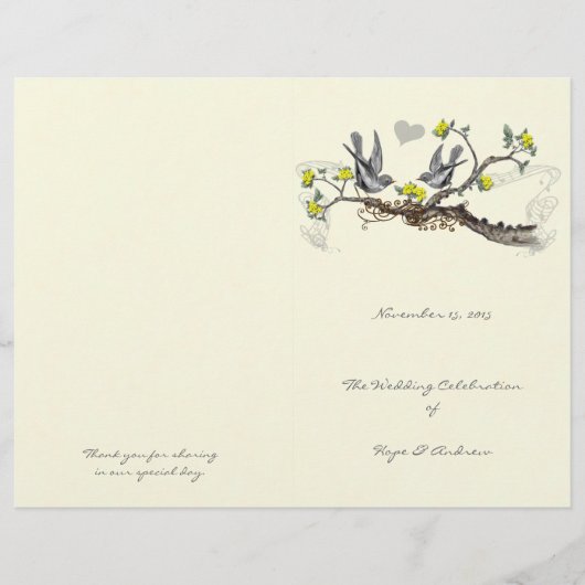 Vintage Vögel Gelb & Grau Hochzeitsprogramm (Vorderseite)