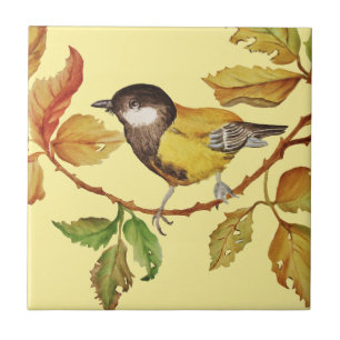 Vintage-Vogel Gelb-Schwarz und Blätter Fliese