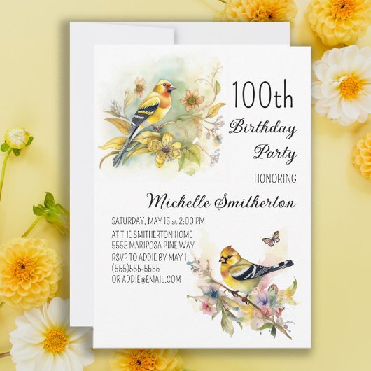 Vintage Vögel Gelbe Goldfinch 100. Geburtstag Einladung
