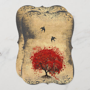 Vintage Vögel Hochzeit mit Rotem Herzblatt Einladung