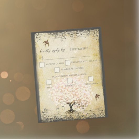 Vintage Vögel Hochzeitsstiftung RSVP mit Herzleder Karte