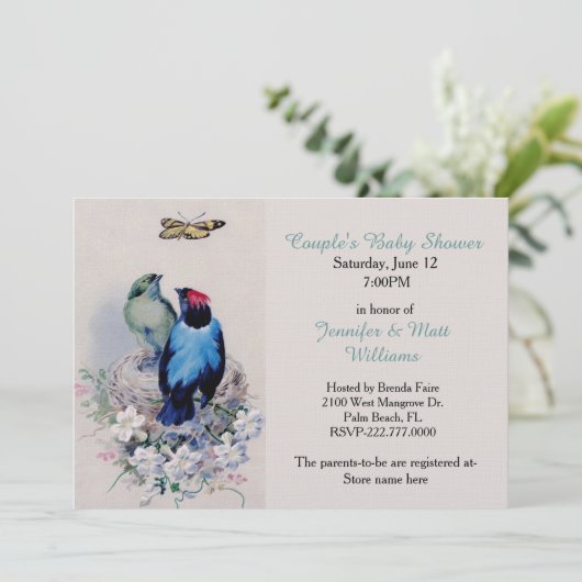 Vintage Vögel in Nest Babydusche Einladung (Stehend Vorderseite)