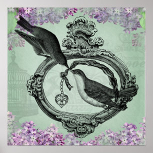 Vintage Vögel mit Herzlocket-Kleid und Geschenken Poster