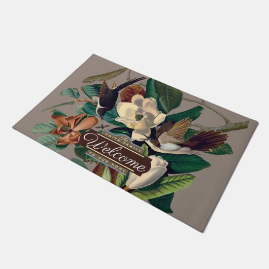 Vintage Vögel mit Magnolia, anpassbarer Türmatte (Schrägansicht)
