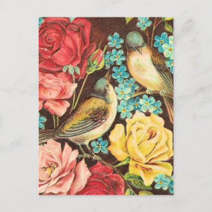 Vintage Vögel mit rosa und gelben Rosen Postkarte