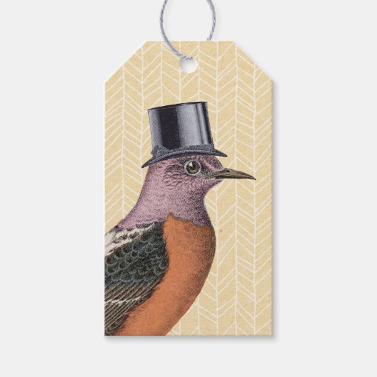 Vintage Vogel mit Zylinder Geschenkanhänger (Vorderseite)