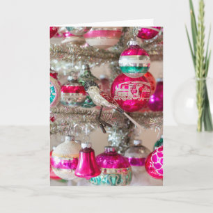 Vintage-Vogel-Ornament & Shiny Brites am Baum Karte