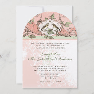 Vintage Vögel Pfirsich Eiche Scroll Hochzeit  Einladung