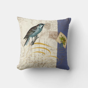 Vintage-Vögel-Postwertzeichen-Songbird-Swirr-Colla Kissen