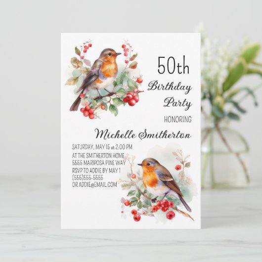 Vintage Vögel Robin RedBrust 50. Einladung (Stehend Vorderseite)