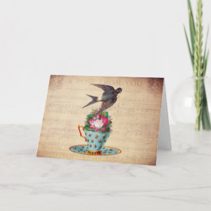Vintage Vogel, Rosen und Teetasse Karte