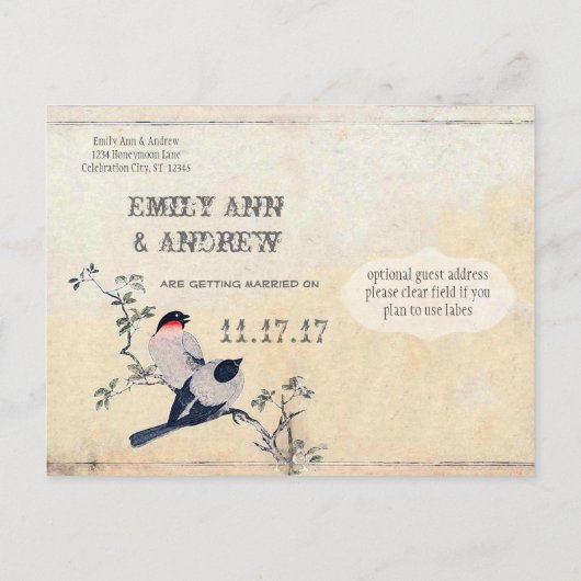 Vintage Vögel Save the Date Ankündigungspostkarte (Rückseite)