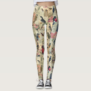 Vintage-Vogel-Schmetterling-Zeitungs-Botanik Leggings