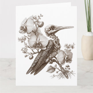 Vintage Vogel Skelett und Orchideen Blumen Gravur Karte