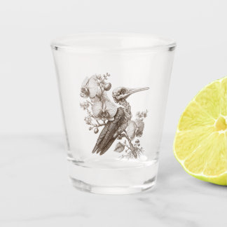 Vintage Vogel Skelett und Orchideen Blumen Gravur Schnapsglas