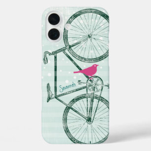 Vintage-Vogel-Smaragdgrün-Fahrrad-Muster iPhone 16 Plus Hülle