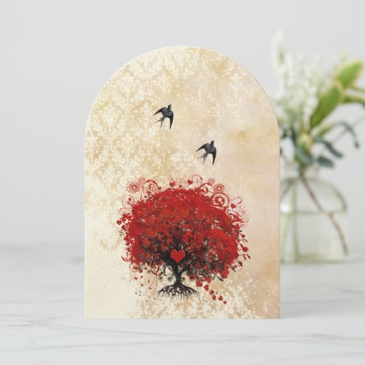 Vintage Vögel Tee Leaf Rote Bäume Einladung (Stehend Vorderseite)