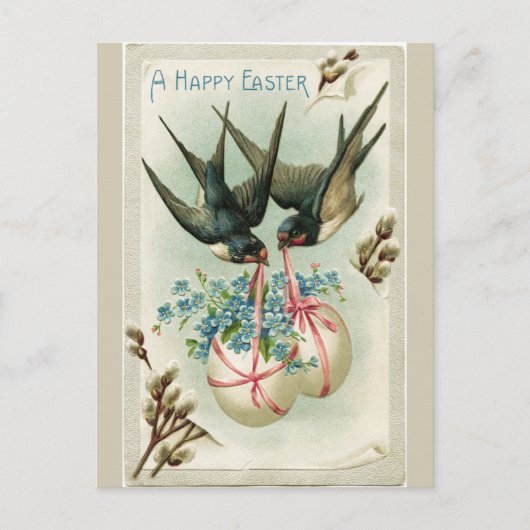 Vintage Vögel tragen Ostereier Gelb Feiertagspostkarte (Vorderseite)