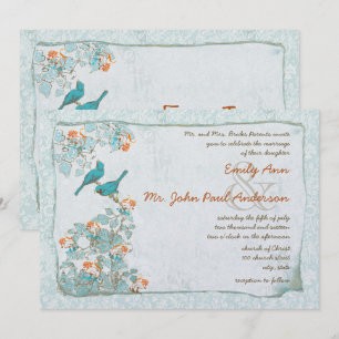 Vintage Vögel Türkis und Orange Damast-Hochzeit Einladung