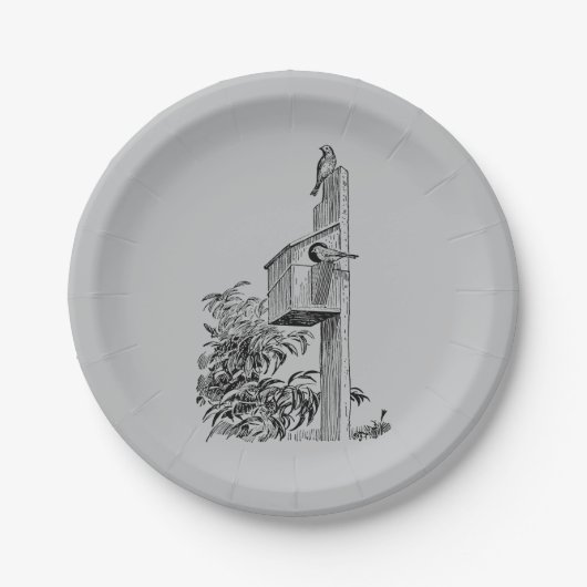Vintage Vögel und Birdhouse Silver Pappteller (Vorderseite)