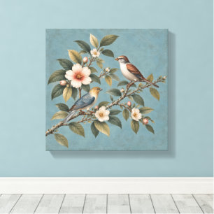 Vintage-Vögel und -Blüten Blaue Leinwanddruck
