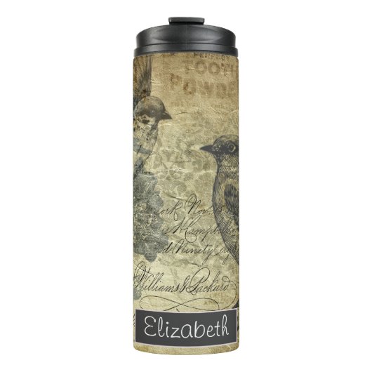 Vintage Vögel und Pergament Thermosbecher (Vorderseite)