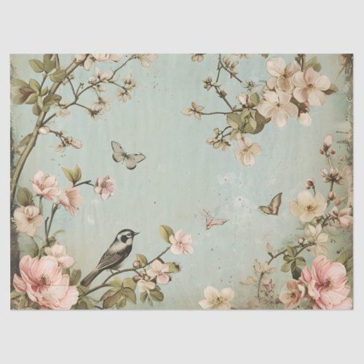 Vintage Vögel und Schmetterlinge Kirschblütenbaum Seidenpapier (Vorderseite)