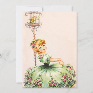 Vintage Vogelfigur im Kleid mit Vogelkäfig Feiertagskarte