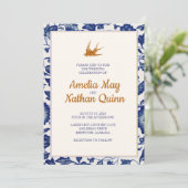 Vintage Vogelhochzeit Einladung in Elegantes Blau (Stehend Vorderseite)