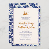 Vintage Vogelhochzeit Einladung in Elegantes Blau (Vorne/Hinten)