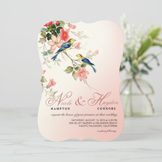 Vintage Vogelhochzeit| Rosa Rosa weiß Einladung (Stehend Vorderseite)