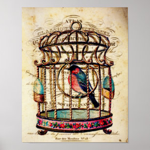 Vintage-Vogelkäfig Französischer Papierkunst-Druck Poster