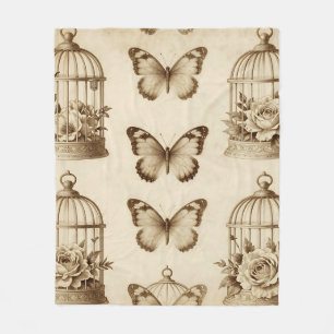 Vintage-Vogelkäfig-Schmetterlingsrose-Sepia-Muster Fleecedecke
