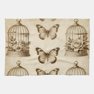 Vintage-Vogelkäfig-Schmetterlingsrose-Sepia-Muster Geschirrtuch