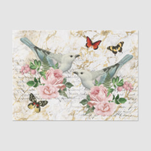 Vintage Vogelkunst, rosa Rosen Alte Buchstaben ent Seidenpapier