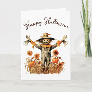 Vintage-Vogelscheuche-Halloween-Kürbisfeld Karte