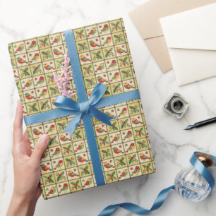 Vintage-Volkskunst-Weihnachtsvögel & Stechpalmenbe Geschenkpapier