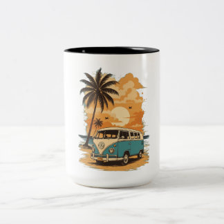 Vintage VW-Bus-Kaffee-Tasse - Retro Beach Sunset V Zweifarbige Tasse