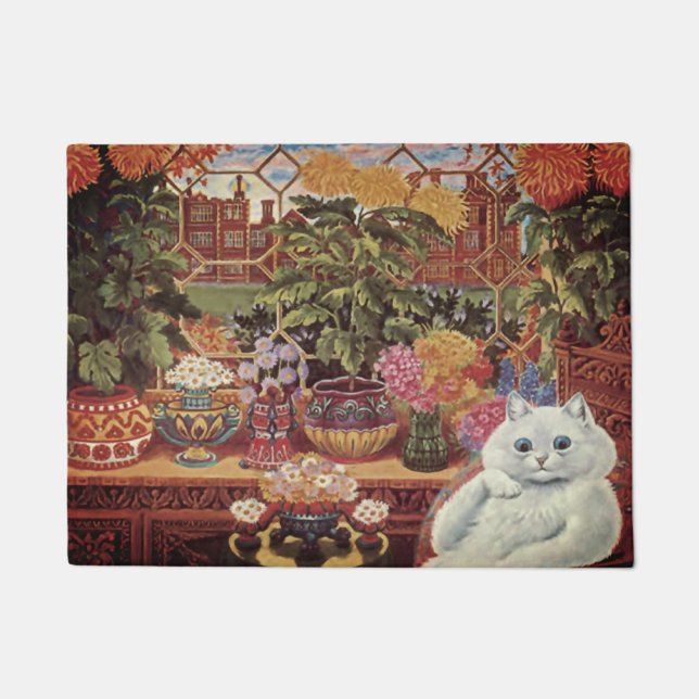 Vintage Wain weiße Botaniker-Blumen-Katze Fußmatte (Vorderseite)