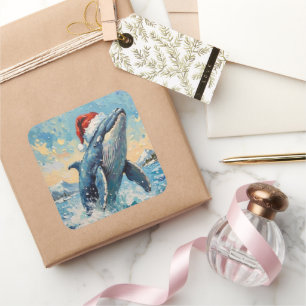 Vintage Wal mit Santa-Hut Weihnachtsszene Quadratischer Aufkleber