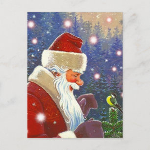 Vintage-Wald-Weihnachtsmann- und Meisen-Baumspitze Feiertagspostkarte