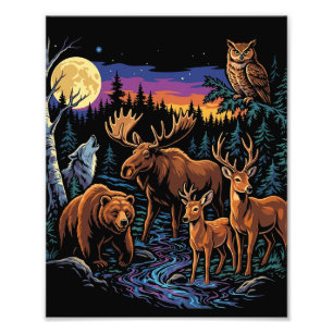Vintage-Wald-Wildtiere-Elch-Bär-Wolf-Hirsch Fotodruck