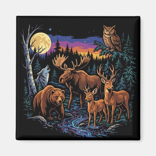 Vintage-Wald-Wildtiere-Elch-Bär-Wolf-Hirsch Magnet (Vorne)