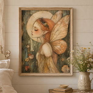 Vintage-Waldfee mit Blumenkrone Fantasy-Kunst Poster