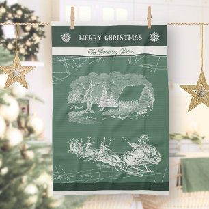Vintage-Waldgrüner Weihnachtsmann-Schlitten Weihna Geschirrtuch