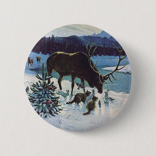 Vintage Waldkreaturen und Elche im Winterschnee Button (Vorderseite)