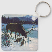 Vintage Waldkreaturen und Elche im Winterschnee Schlüsselanhänger (Rückseite)